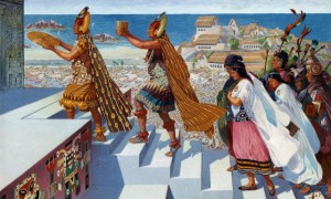 Worshippers climb the steps of the Temple of Pachacamac