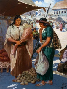 Two Incas barter in the market place
